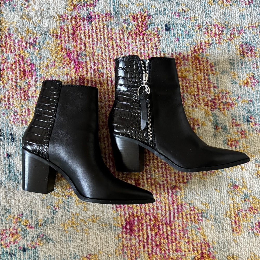 Black Leather Croc-Embossed Ankle Boots